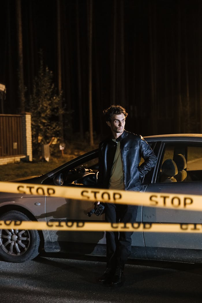 Mysterious night scene of a man beside a car, blocked by stop tape, under streetlights.