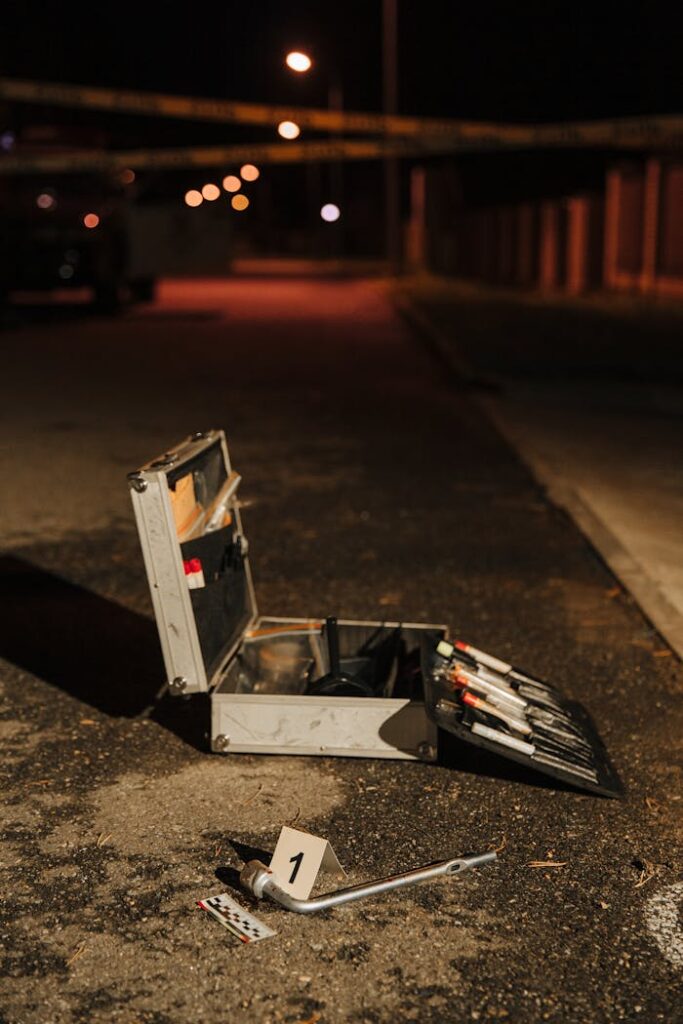 A forensic toolkit and marked evidence lay on a dimly lit street during a nighttime investigation.