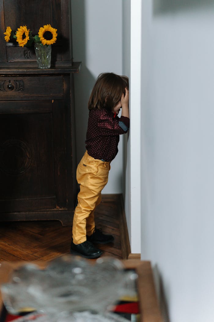 Young child standing in the corner indoors, portraying a moment of discipline.