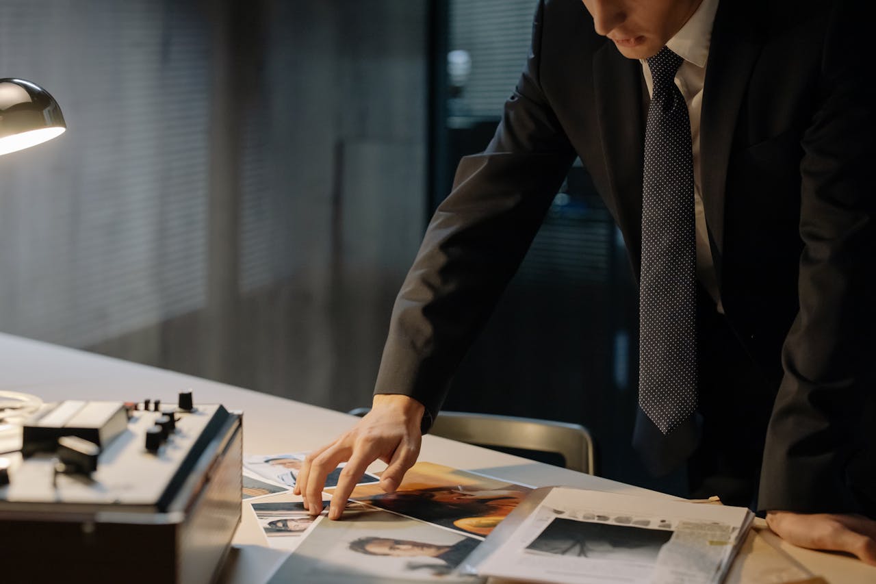 Investigator reviewing evidence photos during a night investigation in an office setting.